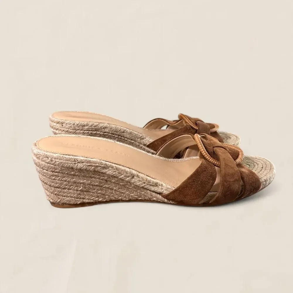 Veronica Beard Ivy Espadrille Wedge Sandal cognac suede raffia buckle size 11